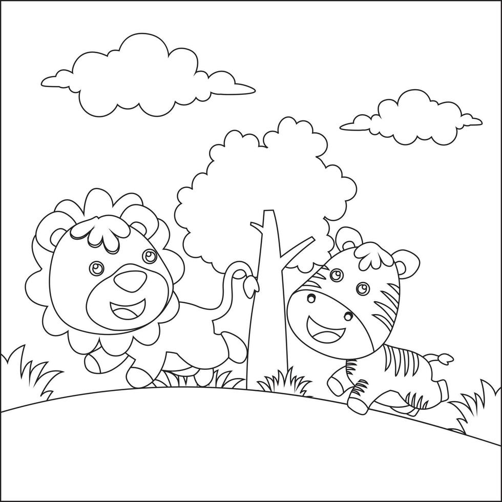 Cartoon wild animals concept, happy little animal in the jungle. Childish design for kids activity colouring book or page. vector