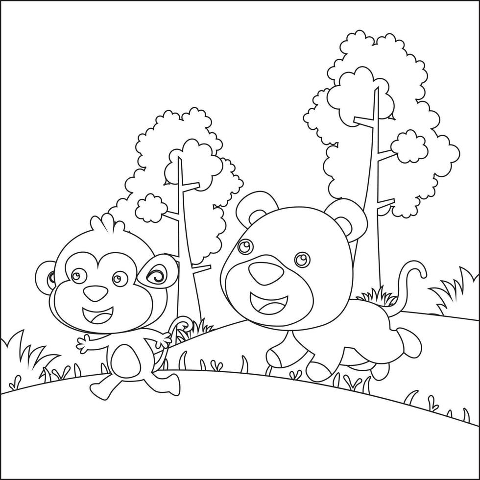Cartoon wild animals concept, happy little animal in the jungle. Childish design for kids activity colouring book or page. vector