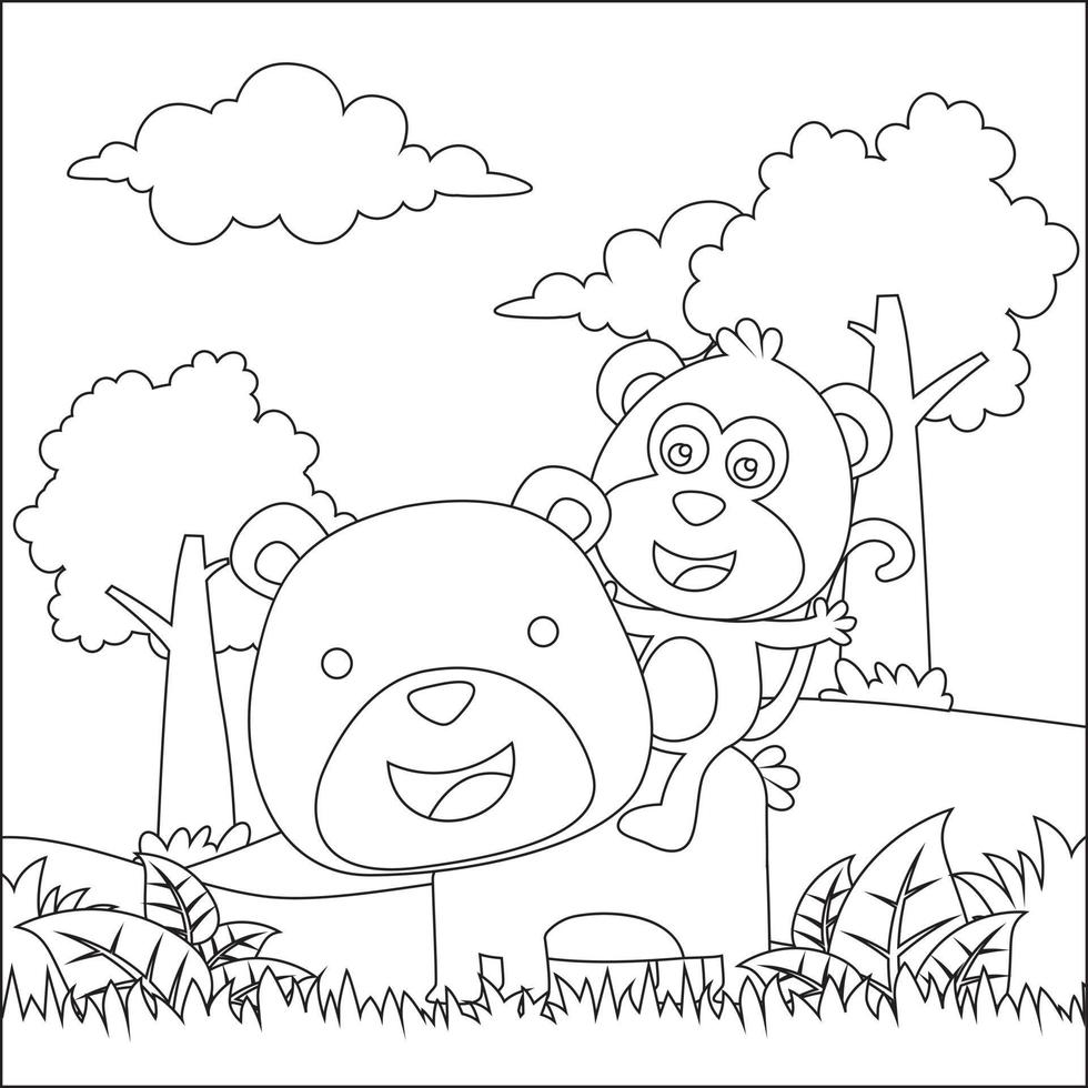 Cartoon wild animals concept, happy little animal in the jungle. Childish design for kids activity colouring book or page. vector