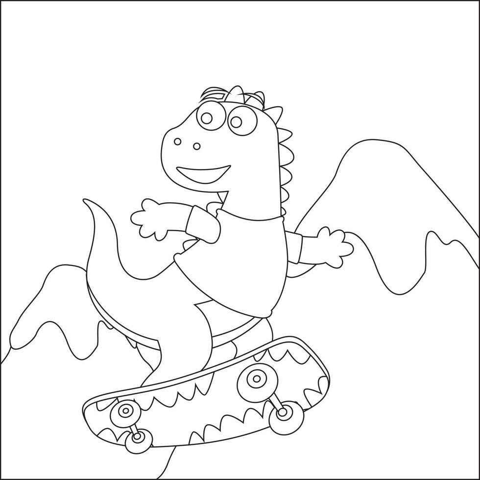 Vector illustration of surfing time with cute little dinosaurs at summer. Childish design for kids activity colouring book or page.