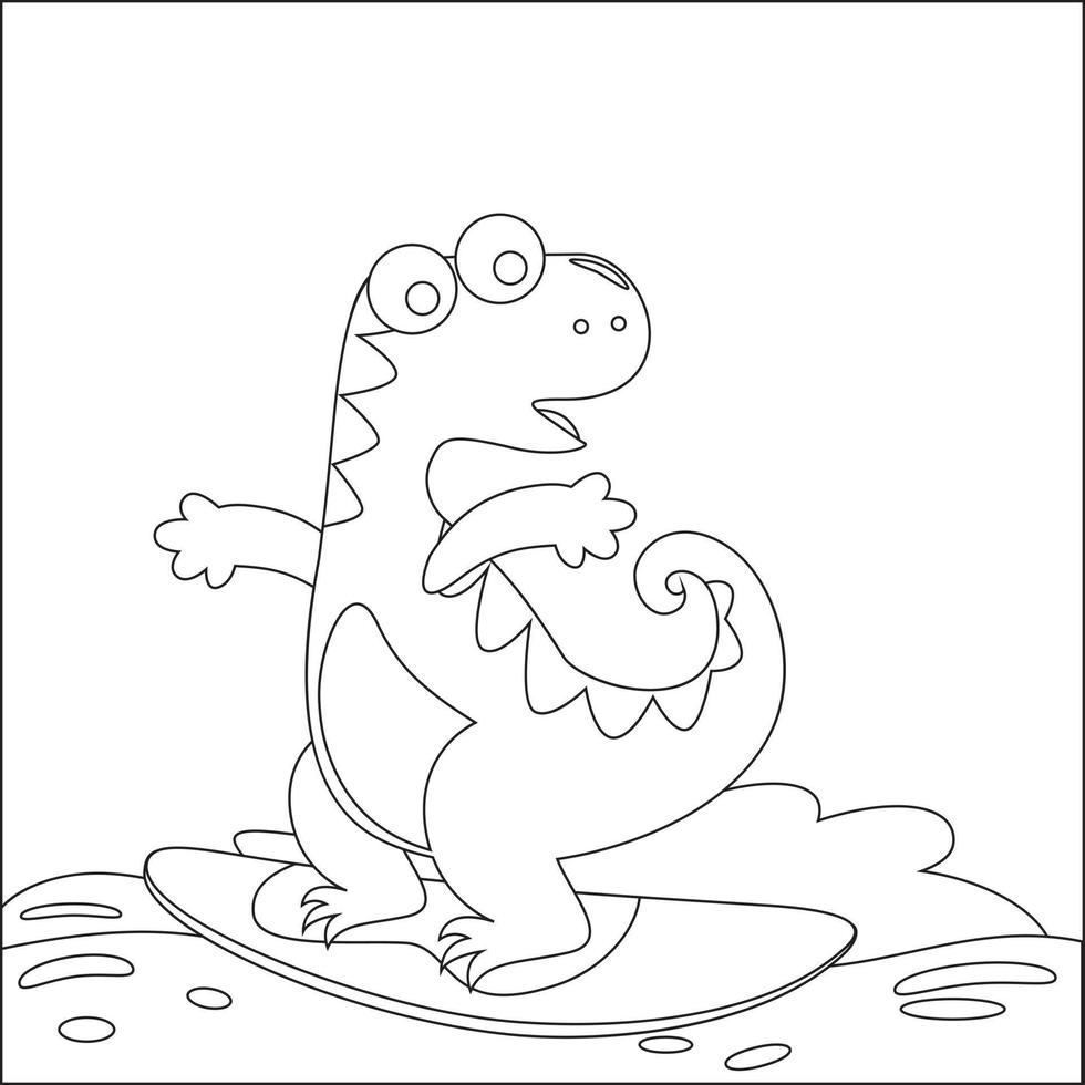 Vector illustration of surfing time with cute little dinosaurs at summer. Childish design for kids activity colouring book or page.