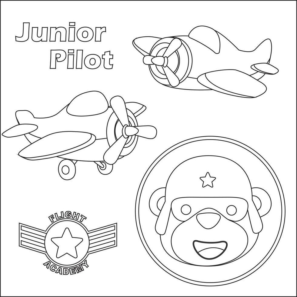 Cute junior pilot. Cartoon hand drawn vector illustration. Cartoon isolated vector illustration, Creative vector Childish design for kids activity colouring book or page.