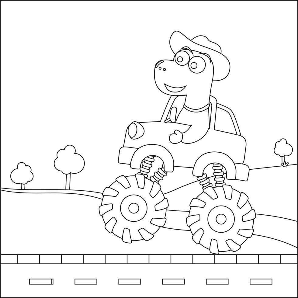 Vector illustration of monster truck with cute dinosaur driver. Cartoon isolated vector illustration, Creative vector Childish design for kids activity colouring book or page.