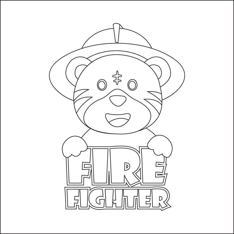 Cute junior fire fighter. Cartoon hand drawn vector illustration. Cartoon isolated vector illustration, Creative vector Childish design for kids activity colouring book or page.