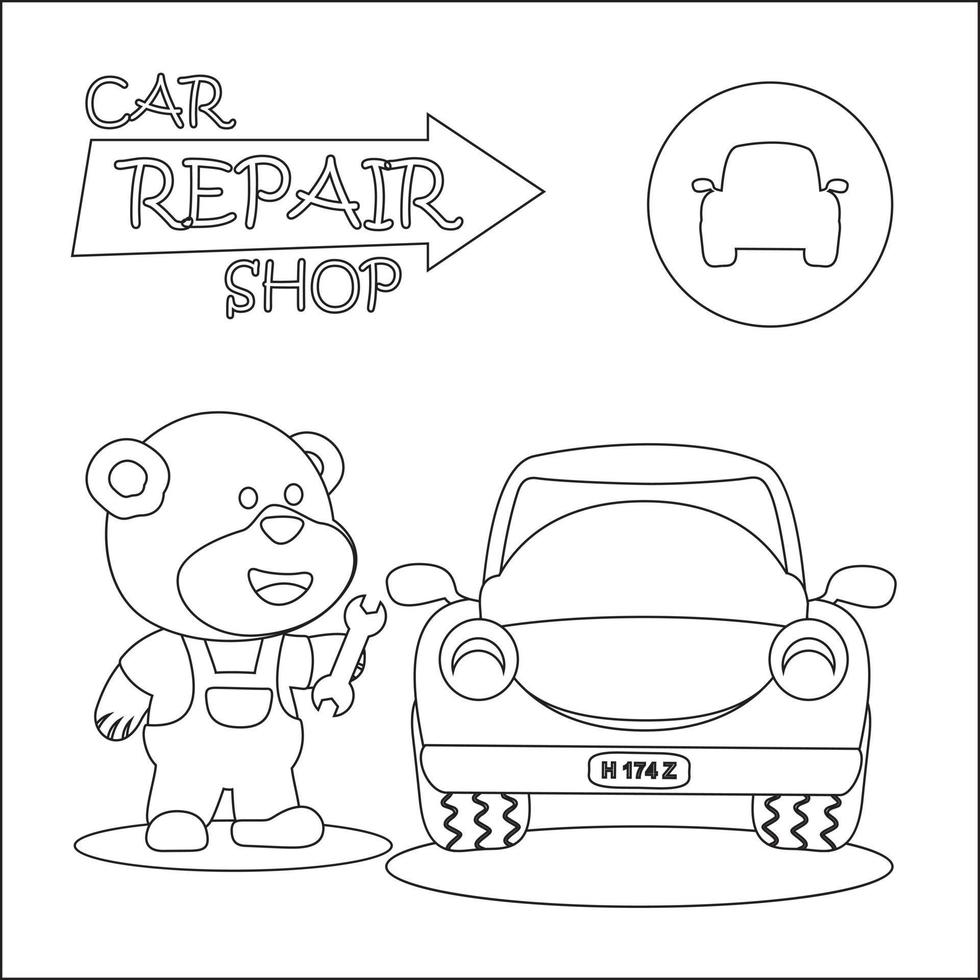 vector ilustración de coche reparar tienda dibujos animados con gracioso mecánico. dibujos animados aislado vector ilustración, creativo vector infantil diseño para niños actividad colorante libro o página.