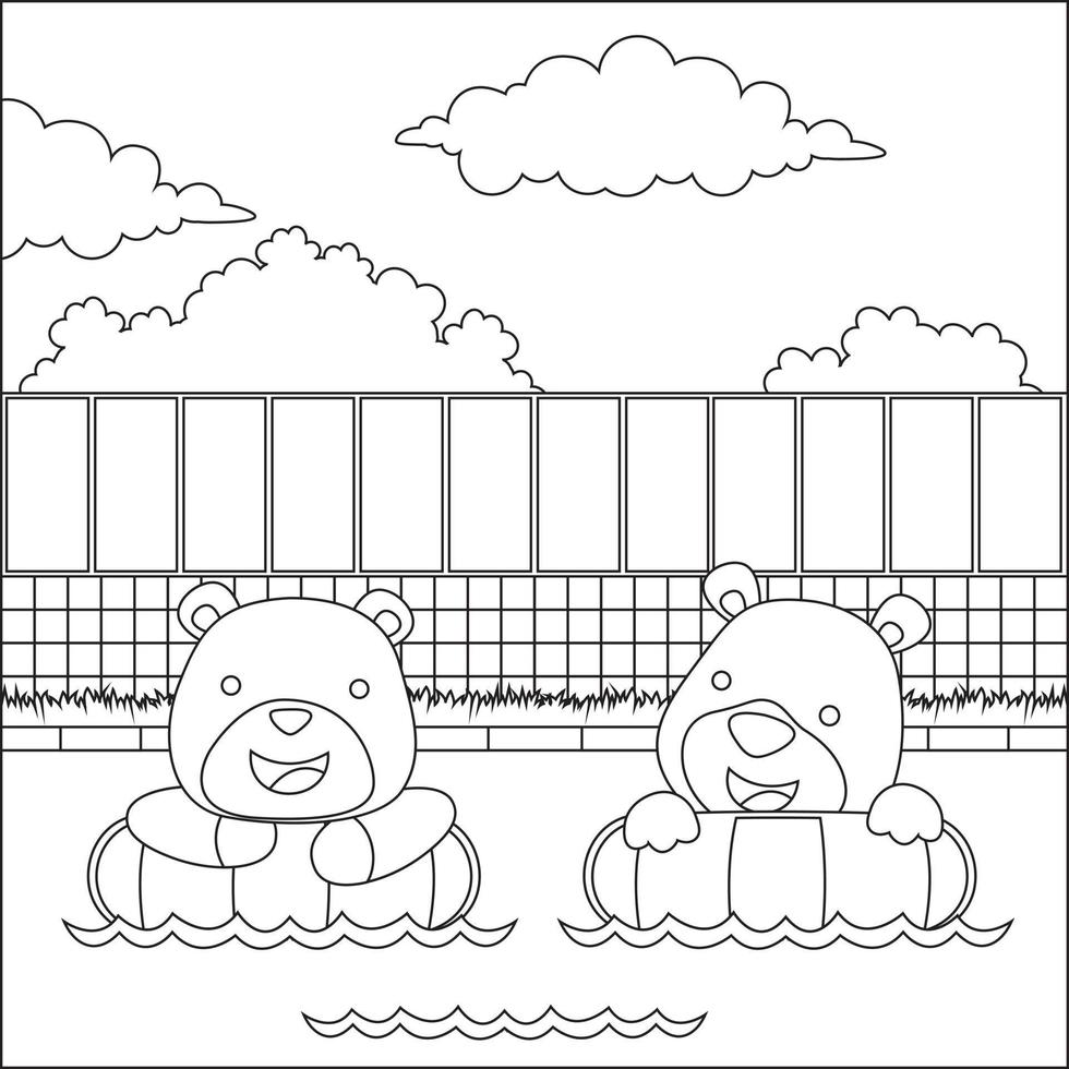 Cute two bear in swimming ring. Summer concept animal cartoon character design, Childish design for kids activity colouring book or page. vector
