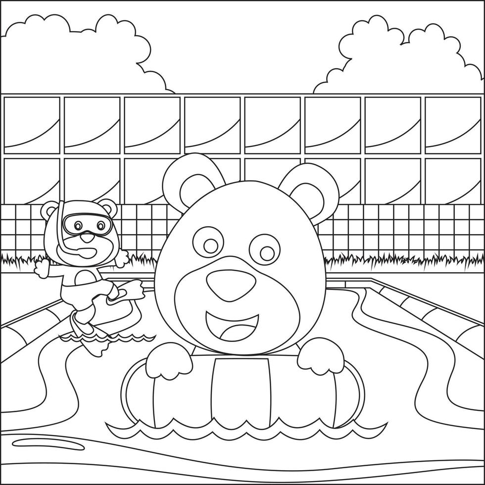Cute two bear in swimming ring. Summer concept animal cartoon character design, Childish design for kids activity colouring book or page. vector