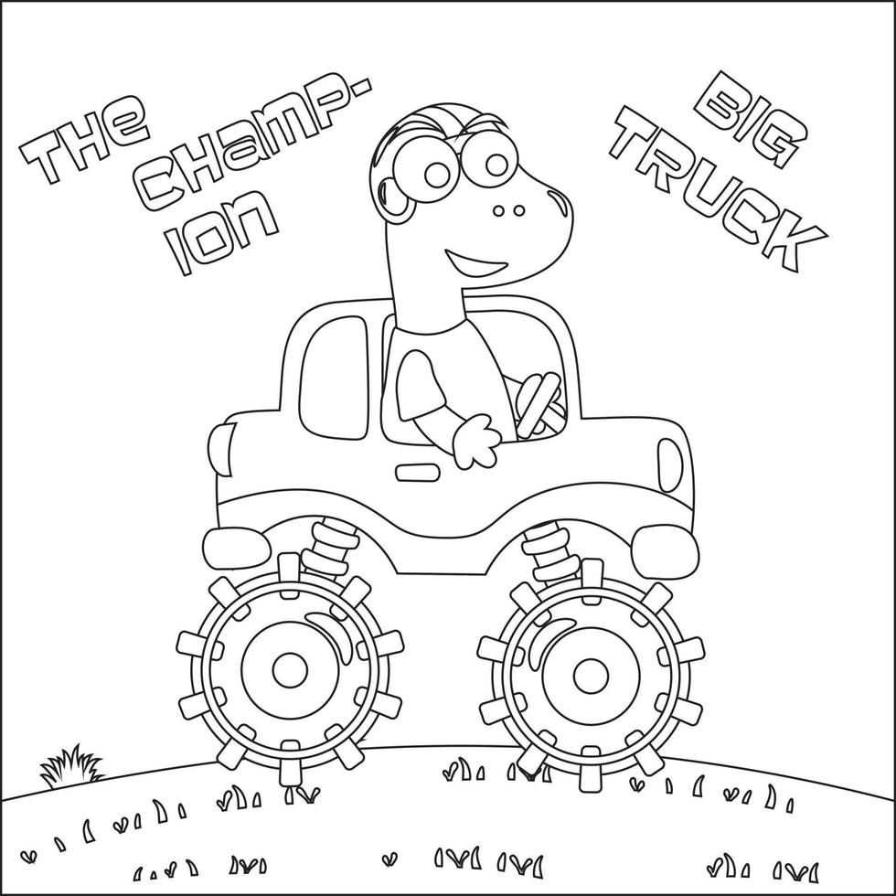 Vector illustration of monster truck with cute dinosaur driver. Cartoon isolated vector illustration, Creative vector Childish design for kids activity colouring book or page.