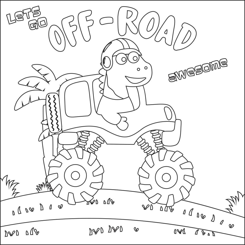 Vector illustration of monster truck with cute dinosaur driver. Cartoon isolated vector illustration, Creative vector Childish design for kids activity colouring book or page.