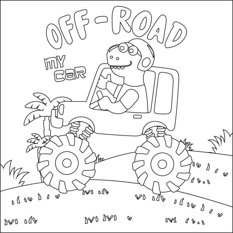 vector ilustración de monstruo camión con linda dinosaurio conductor. dibujos animados aislado vector ilustración, creativo vector infantil diseño para niños actividad colorante libro o página.