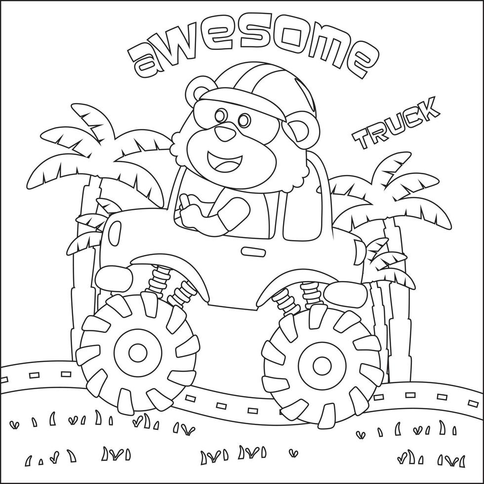 Vector illustration of monster truck with cute animal driver. Cartoon isolated vector illustration, Creative vector Childish design for kids activity colouring book or page.