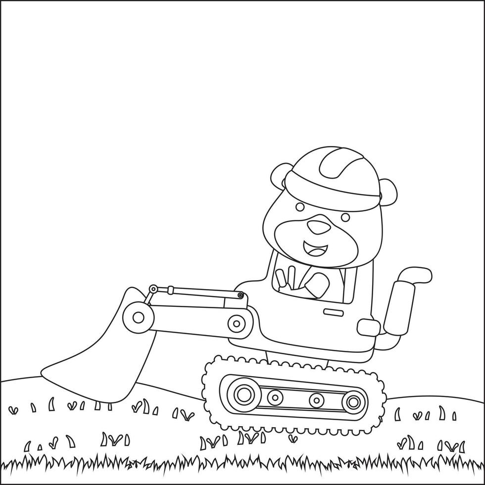 Cute little bear on a blue excavator. Childish design for kids activity colouring book or page. vector