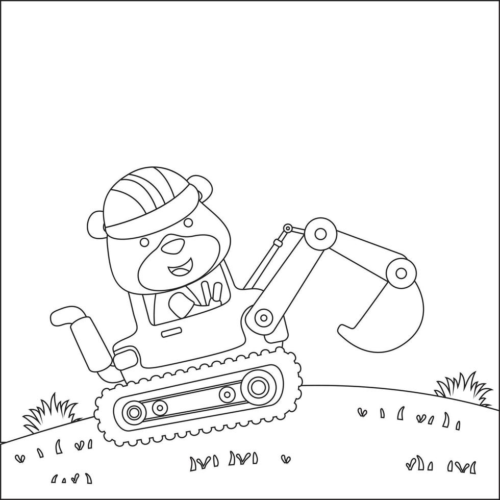 Cute little bear on a blue excavator. Childish design for kids activity colouring book or page. vector