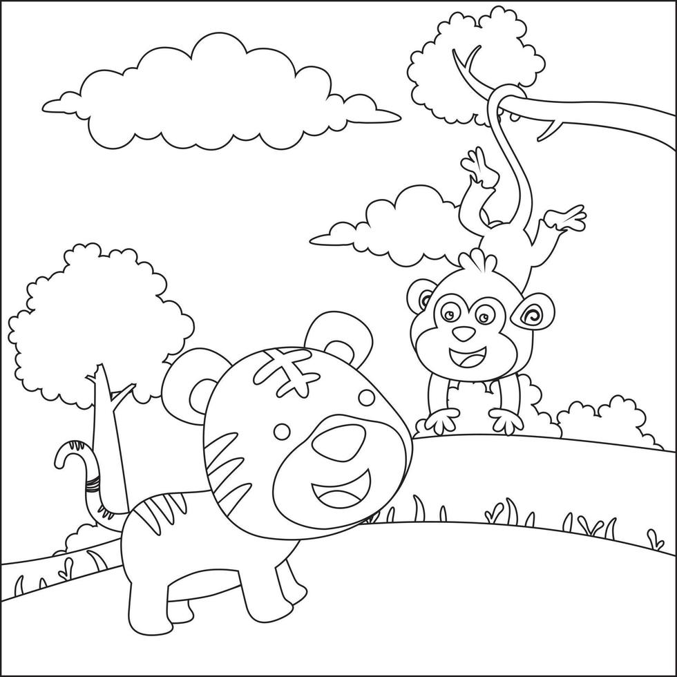 Cartoon wild animals concept, happy little animal in the jungle. Childish design for kids activity colouring book or page. vector