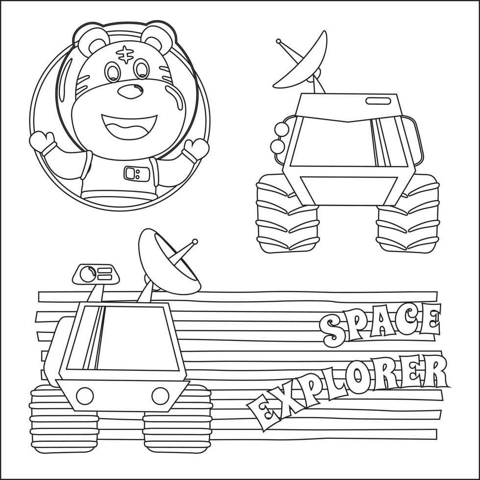 Space lion or astronaut in a space suit with cartoon style, funny little space explorer. Creative vector Childish design for kids activity colouring book or page.