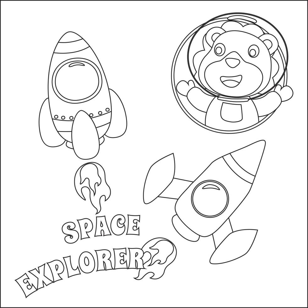 Space lion or astronaut in a space suit with cartoon style, funny little space explorer. Creative vector Childish design for kids activity colouring book or page.