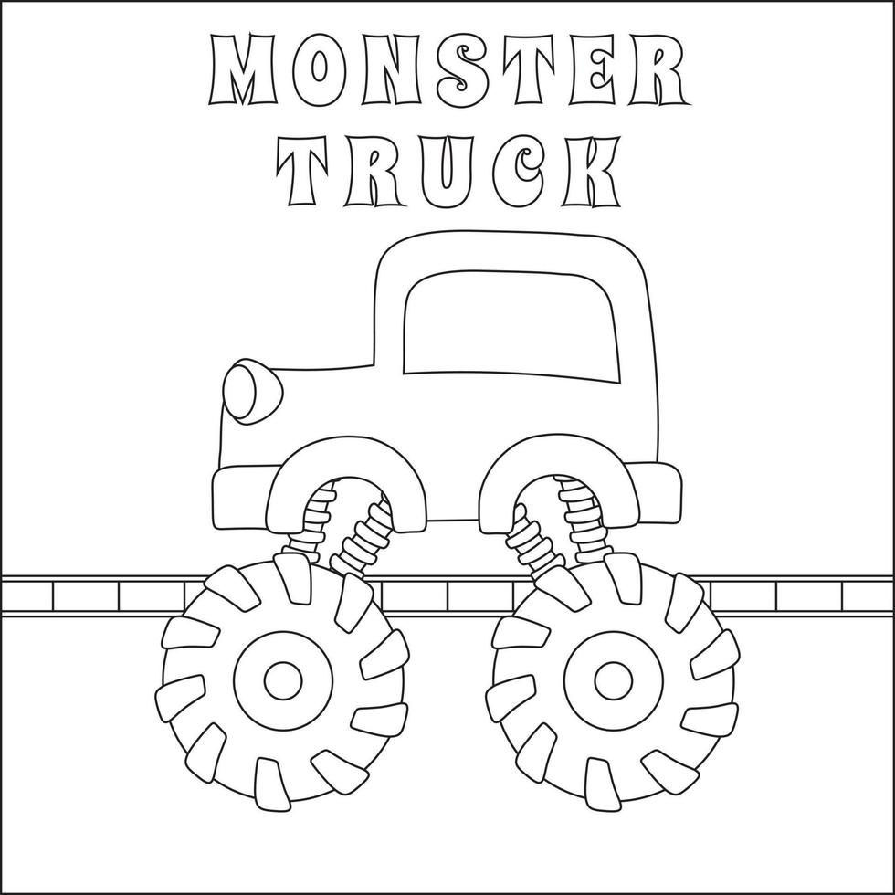 Vector illustration of monster truck with cute dinosaur driver. Cartoon isolated vector illustration, Creative vector Childish design for kids activity colouring book or page.