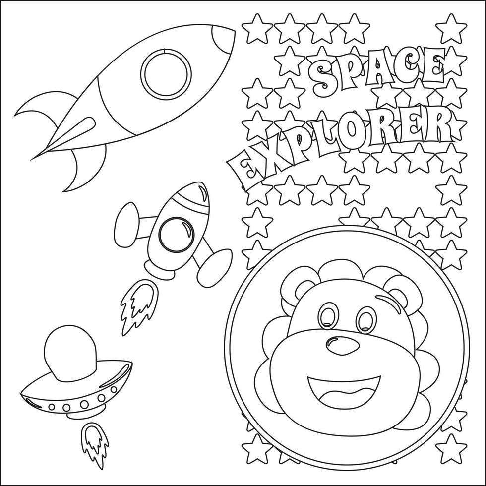 Space lion or astronaut in a space suit with cartoon style, funny little space explorer. Creative vector Childish design for kids activity colouring book or page.
