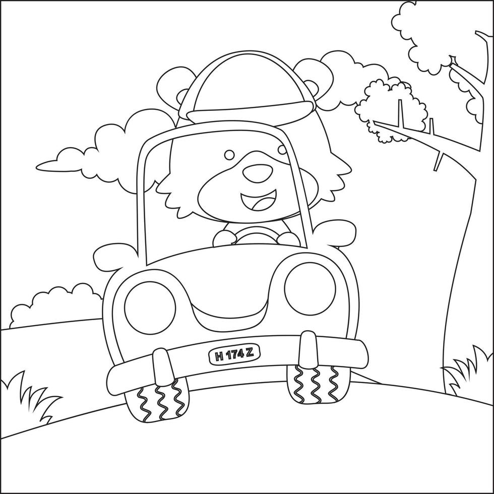 Cute little animal  driving a car go to forest funny animal cartoon. Childish design for kids activity colouring book or page. vector