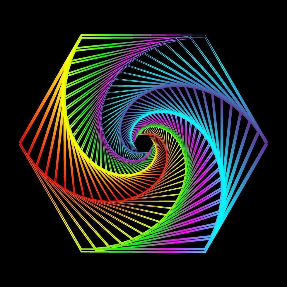 Red, yellow, green, pink, and cyan hexagonal lines spiral vortex. 3d op art hexagon swirl pattern stripes. vector