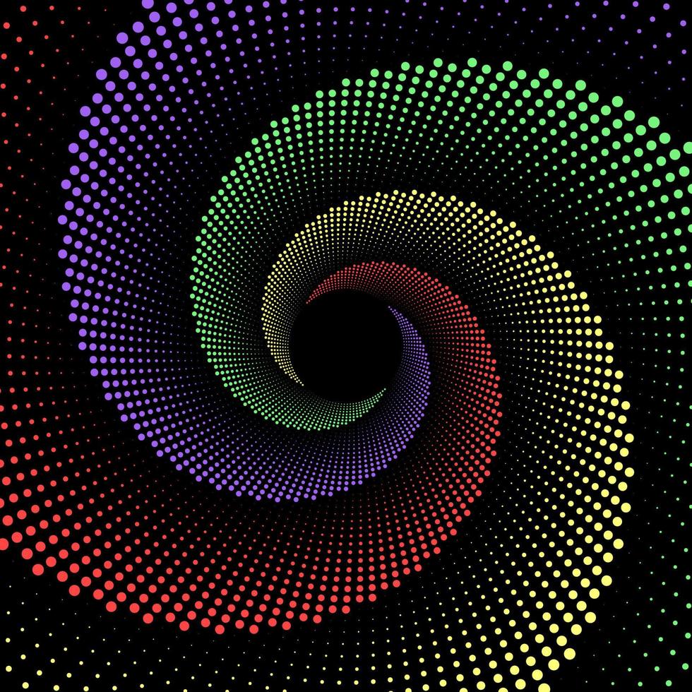 Green, purple, red, and yellow dotted spiral vortex. 3d swirl pattern dot wave vector background. Abstract halftone grunge particles twister poster.