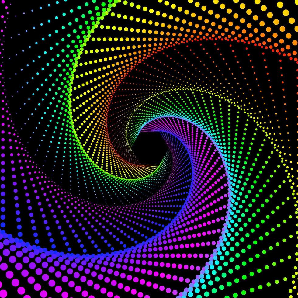 Colorful dotted spiral vortex vector background. Black, blue, green, yellow, and red swirl pattern dots wallpaper.