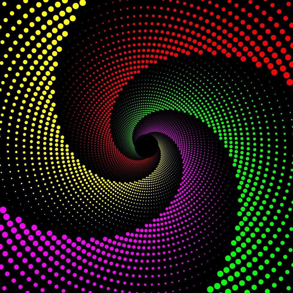 Red, yellow, green, and pink dotted spiral vortex vector banner.