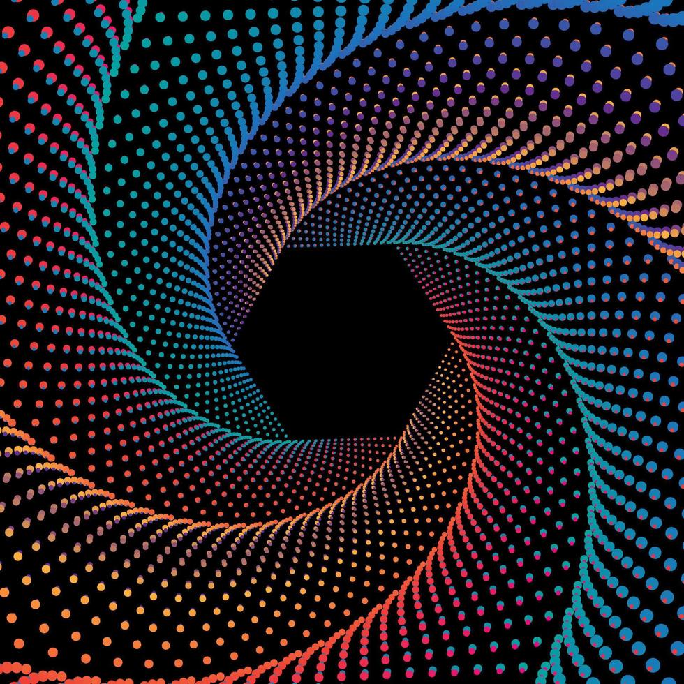 Blue, pink, orange hexagonal dotted spiral vortex vector background. Swirl pattern dots wallpaper.