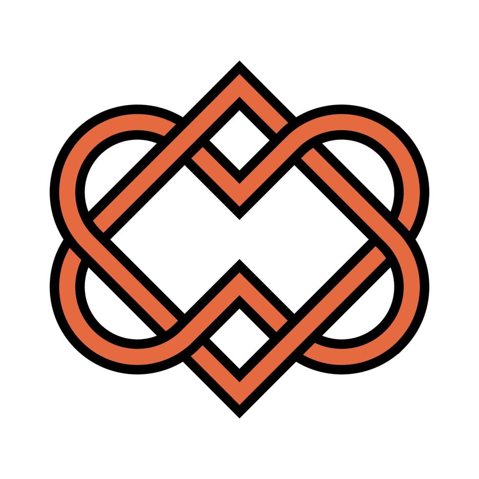 Orange and black heart celtic knot vector template. Overlapped heart logo symbol.
