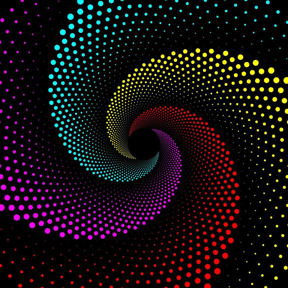 Red, pink, cyan, and yellow dotted spiral vortex pattern. Swirl pattern dots vector background. Abstract grunge particles poster backdrop. 3d warped wavy small circles template.
