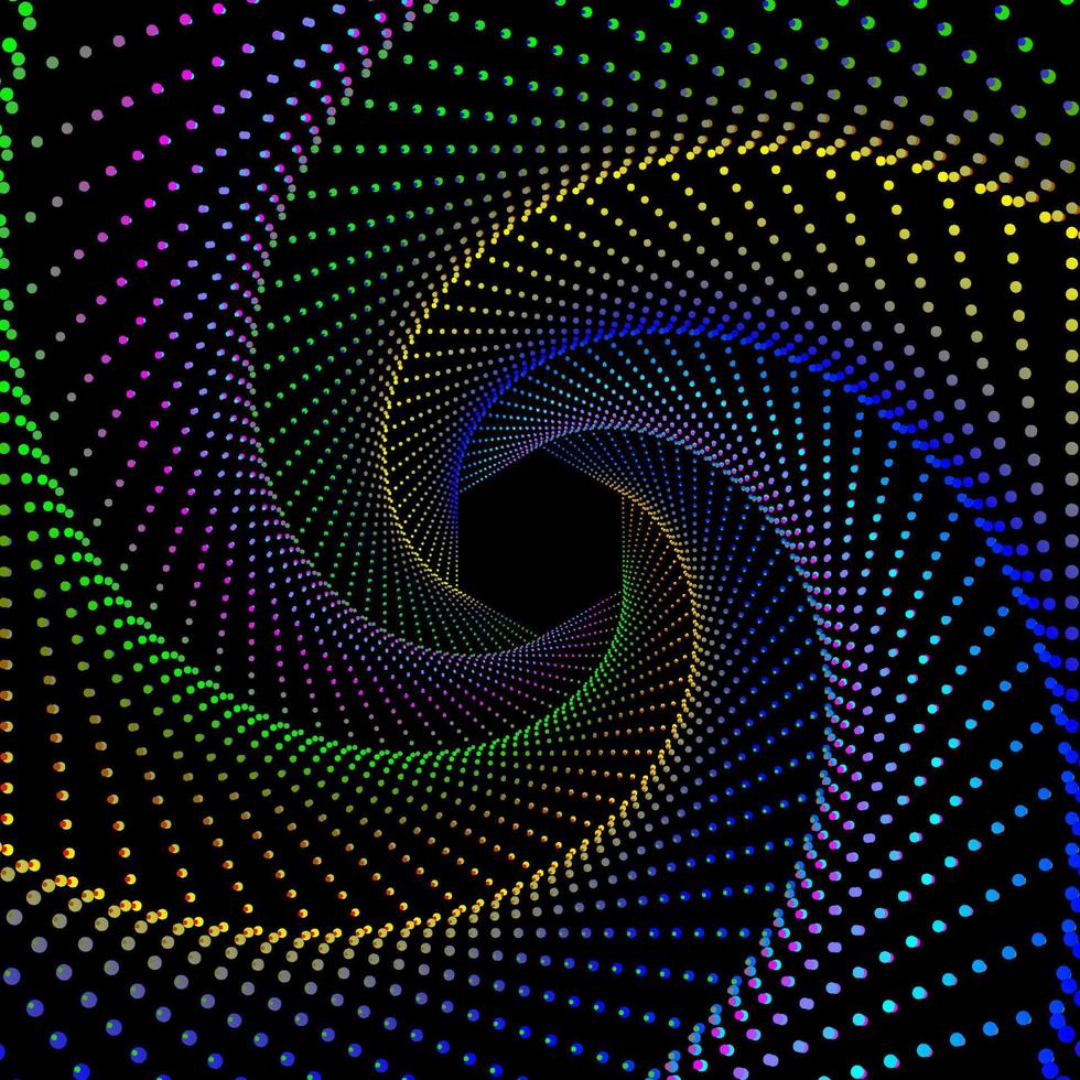 vistoso punteado espiral vórtice ola vector antecedentes. azul, amarillo, verde, cian, y rosado remolino modelo puntos deformación efecto.