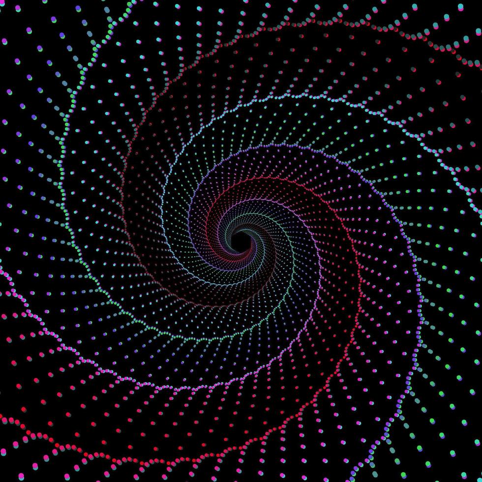 Red, pink, green, blue, cyan and black dotted spiral vortex vector background