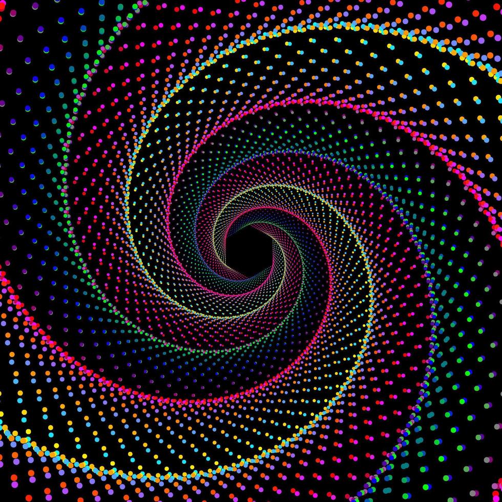 rojo, rosa, azul, verde, amarillo, y Violeta punteado espiral vórtice hexágono antecedentes. 3d deformación efecto vistoso remolino modelo punto ola vector póster.