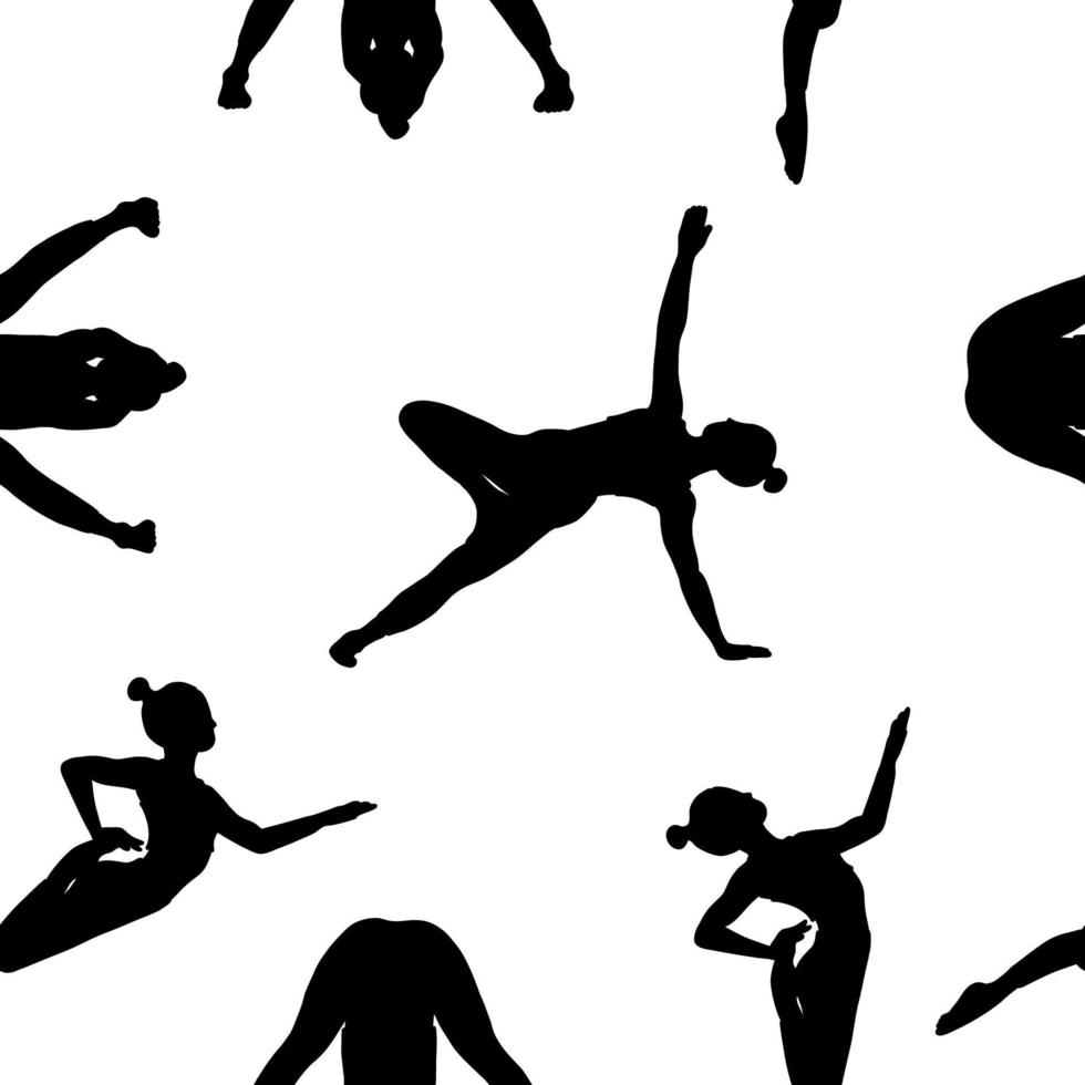 Yoga poses seamless pattern. Black shadow. Female woman girl. Vector illustration in cartoon flat style isolated on white background.