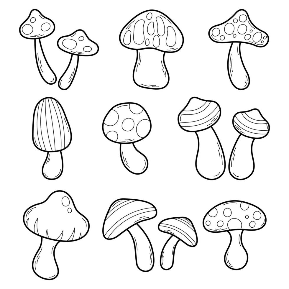 Set of Cute Mushroom Outline vector