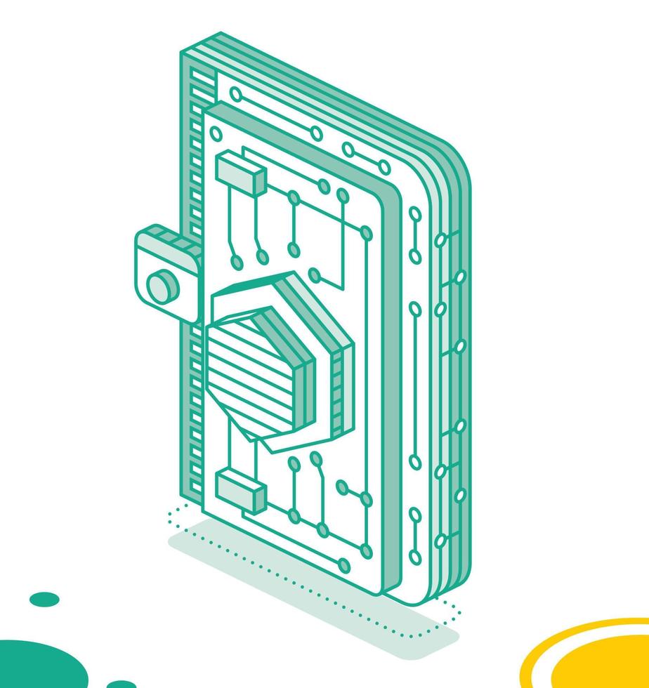 Isometric Crypto Wallet with Cryptocurrency. Outline Detailed Icon for Cryptocurrency Storage App. Blockchain Technology. Vector Illustration.