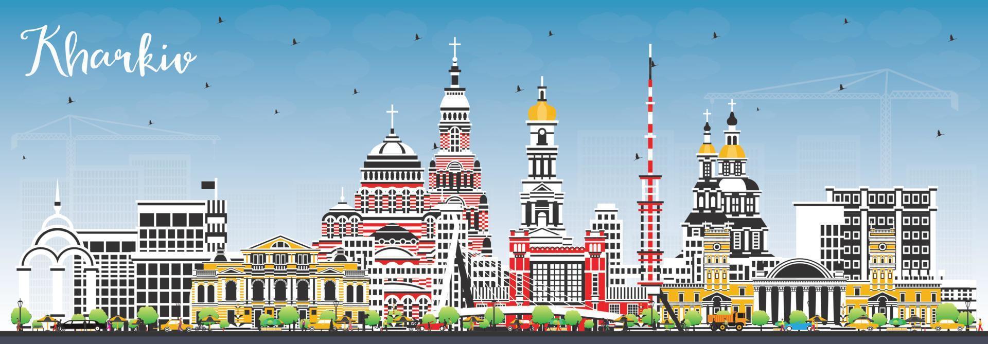 Kharkiv Ukraine City Skyline with Color Buildings and Blue Sky. Vector Illustration. Kharkiv Cityscape with Landmarks.