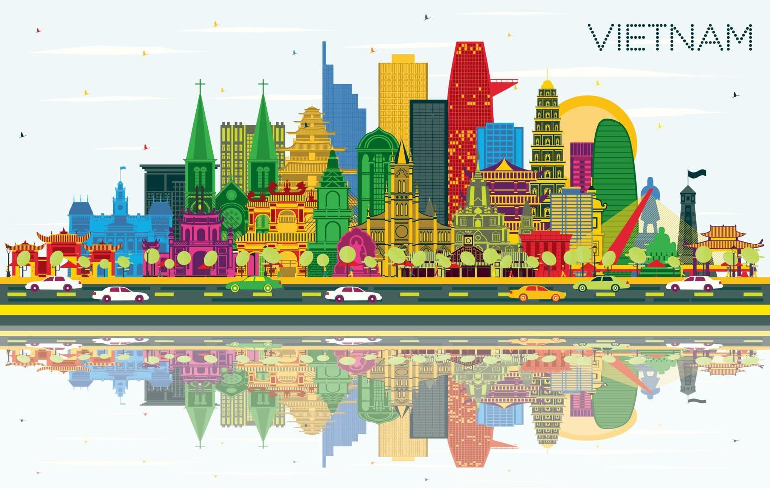 Vietnam City Skyline with Color Buildings, Blue Sky and Reflections. Vector Illustration. Tourism Concept with Historic Architecture.