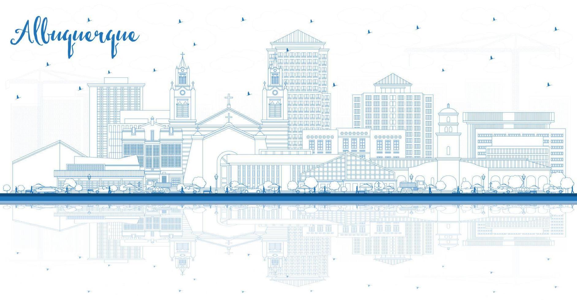 Outline Albuquerque New Mexico City Skyline with Blue Buildings and Reflections. Vector Illustration. Albuquerque USA Cityscape with Landmarks.