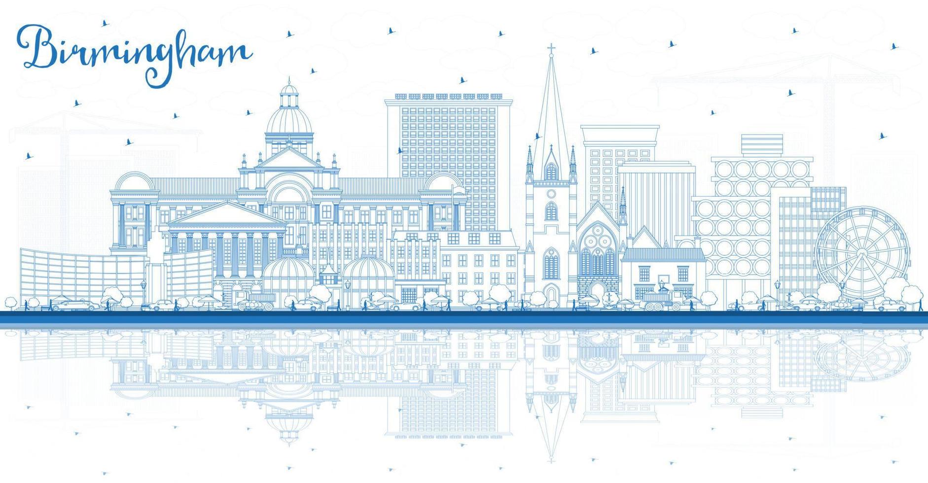 Outline Birmingham UK City Skyline with Blue Buildings and Reflections. Vector Illustration. Birmingham Cityscape with Landmarks.