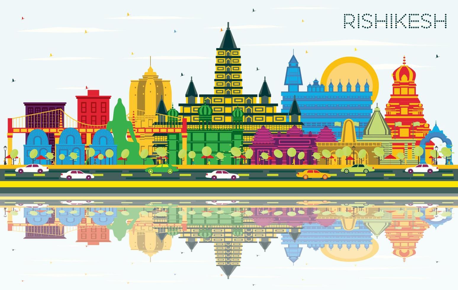Rishikesh India City Skyline with Color Buildings, Blue Sky and Reflections. Vector Illustration. Rishikesh Cityscape with Landmarks.