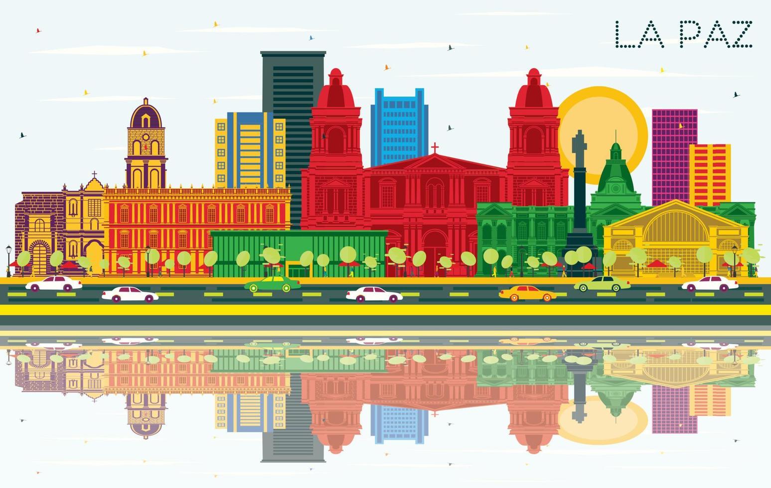 La Paz Bolivia City Skyline with Color Buildings, Blue Sky and Reflections. Vector Illustration. La Paz Cityscape with Landmarks.