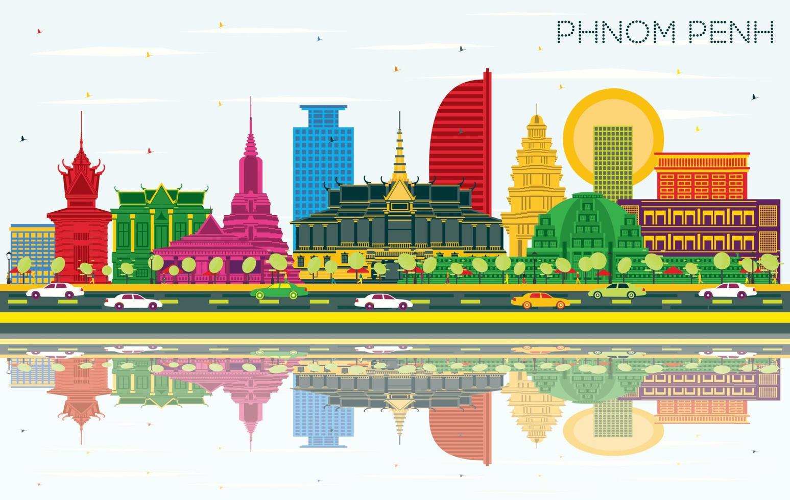 Phnom Penh Cambodia City Skyline with Color Buildings, Blue Sky and Reflections. Vector Illustration. Phnom Penh Cityscape with Landmarks.