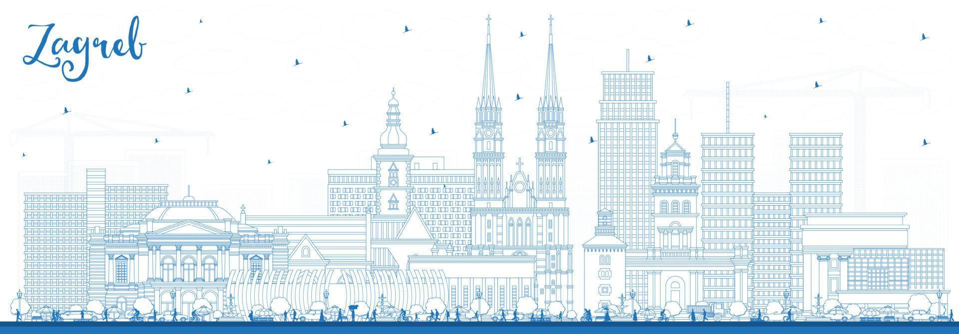 contorno zagreb Croacia ciudad horizonte con azul edificios vector ilustración. zagreb paisaje urbano con puntos de referencia