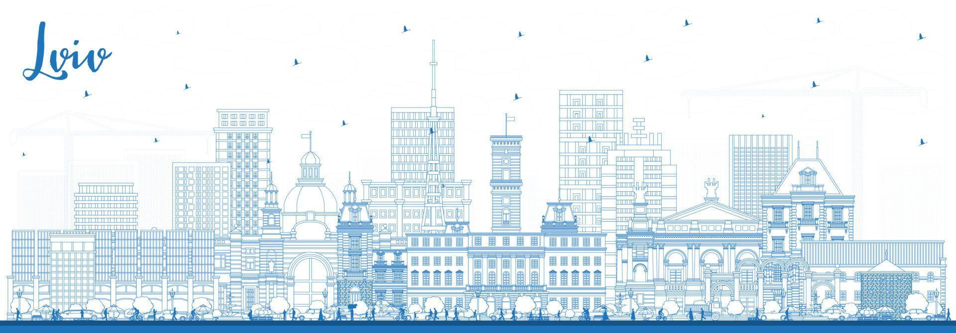 contorno lviv Ucrania ciudad horizonte con azul edificios vector ilustración. lviv paisaje urbano con puntos de referencia