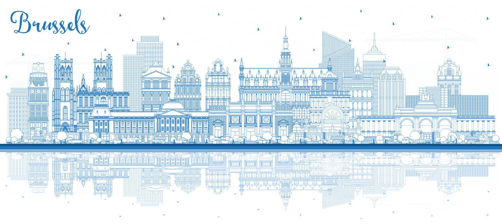 Outline Brussels Belgium City Skyline with Blue Buildings and Reflections. Brussels Cityscape with Landmarks. vector