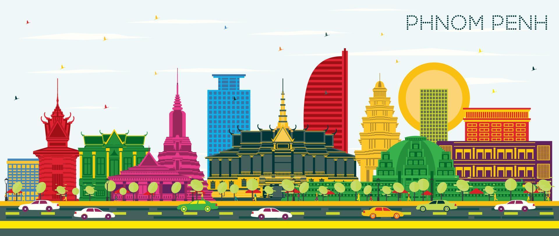 Phnom Penh Cambodia City Skyline with Color Buildings and Blue Sky. Vector Illustration. Phnom Penh Cityscape with Landmarks.