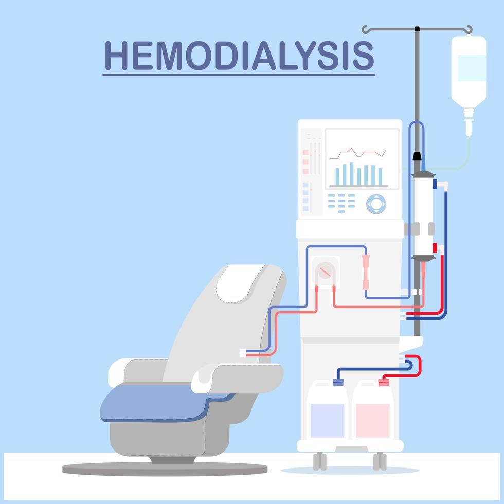 Vector illustration of dialysis machine and chair in flat style, medical equipment for kidney treatment