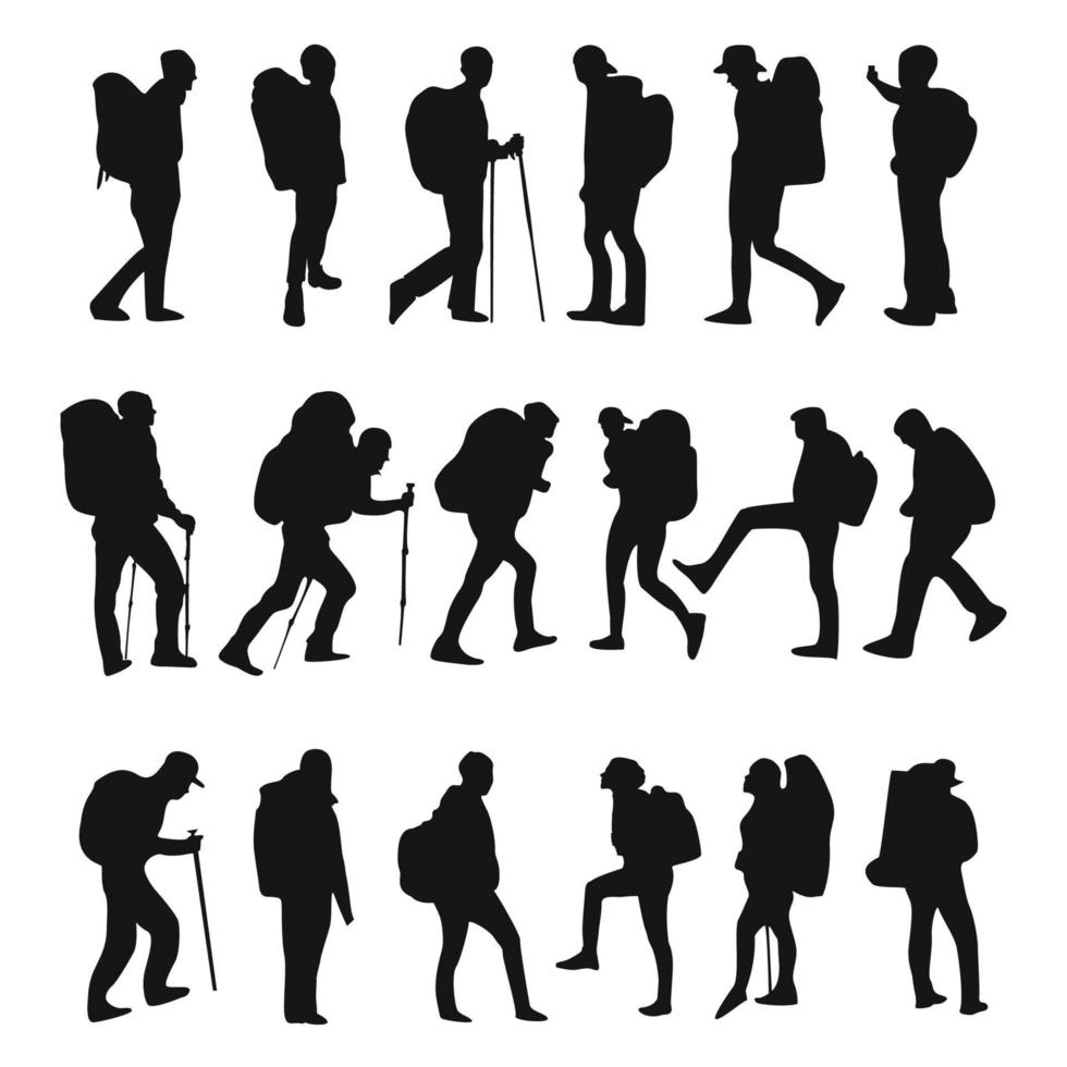 Set of vector silhouettes of mountaineers using backpacks