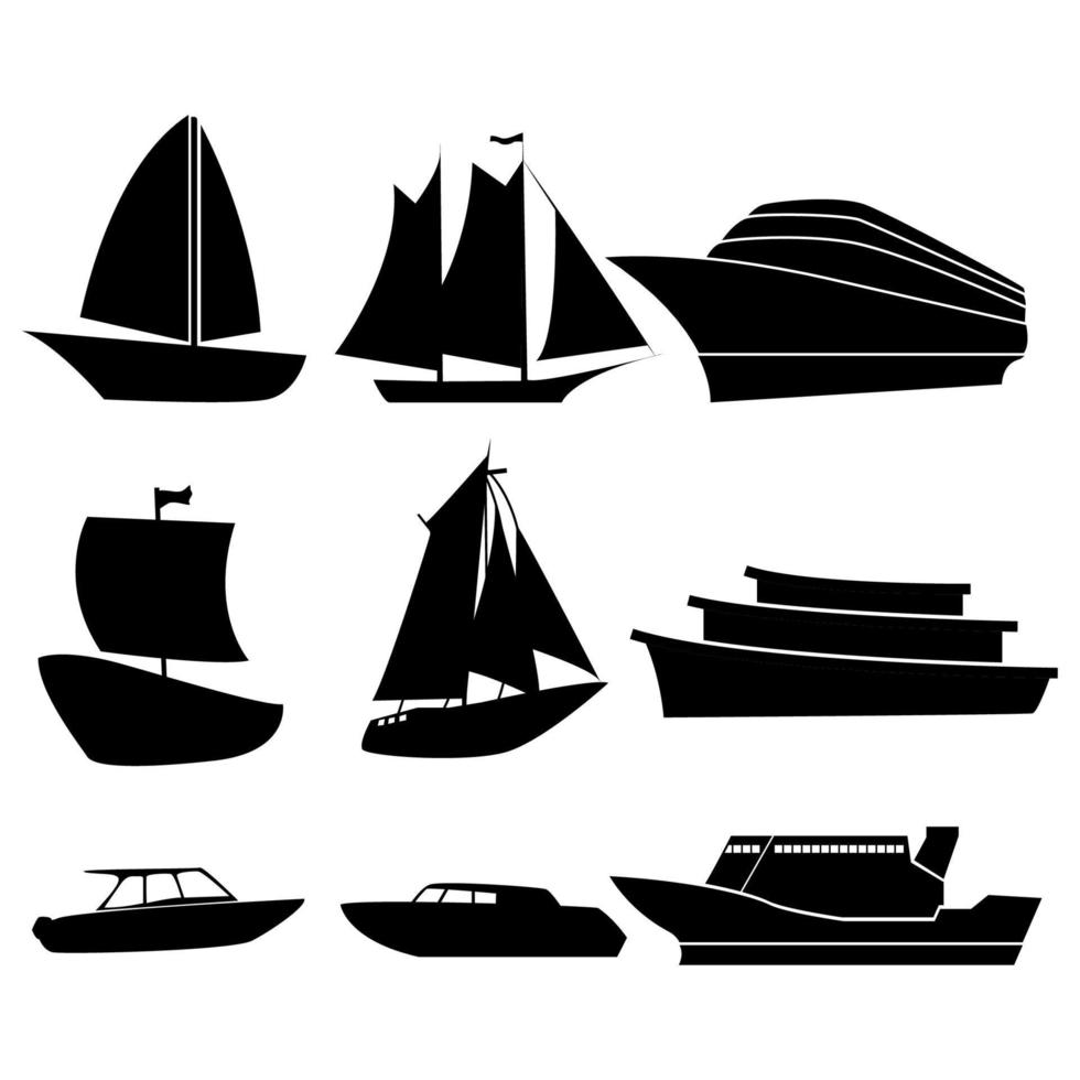 collection of boat and ship designs in silhouette style on white isolated background. vector